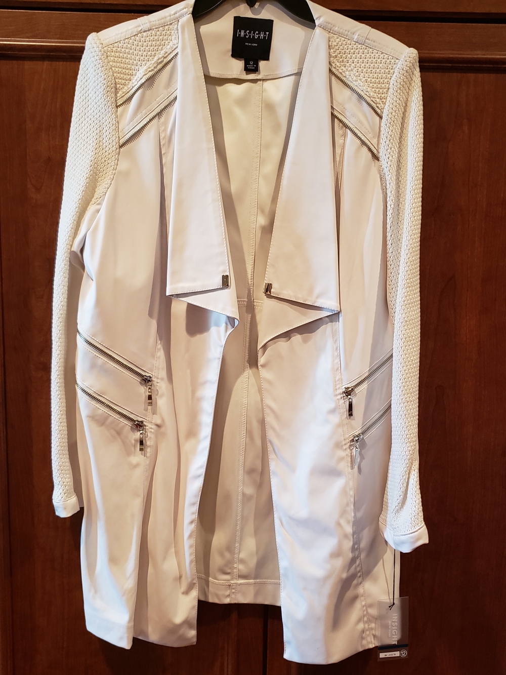Insight NEW Long Jacket White Vegan Leather Knit Sleeves Women's 12 - Picture 5 of 16